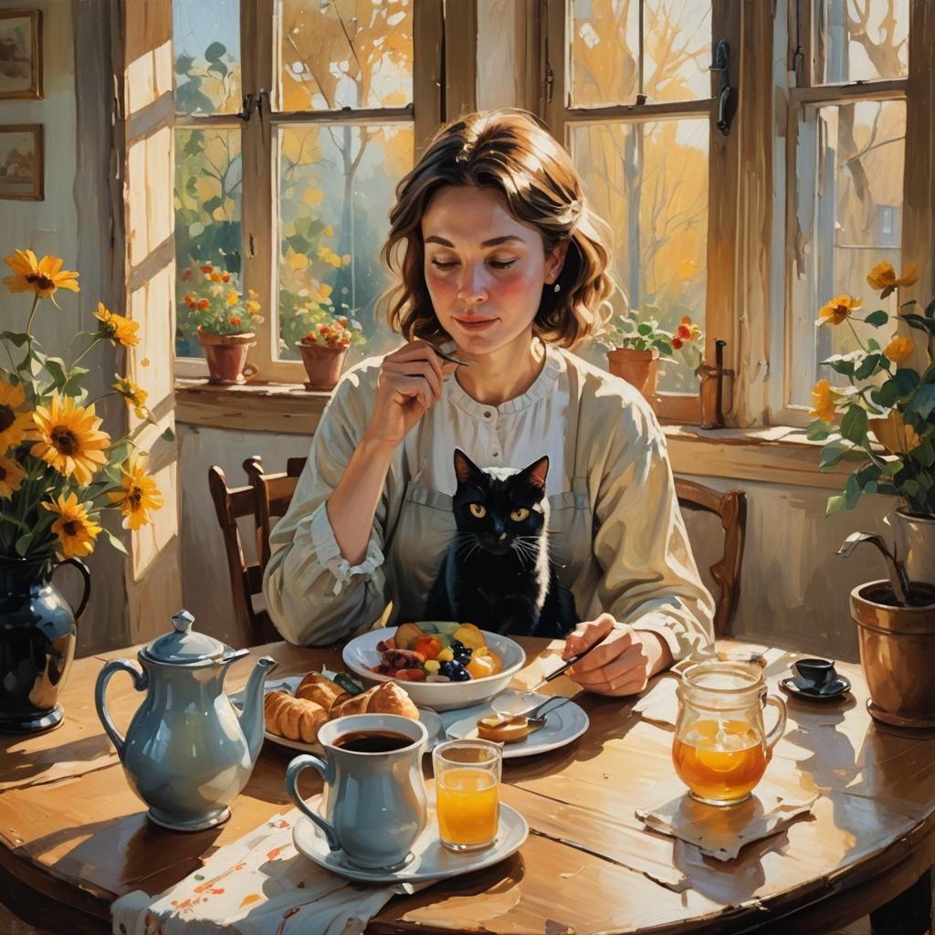 Breakfast with Cat: Whimsical Oil Painting