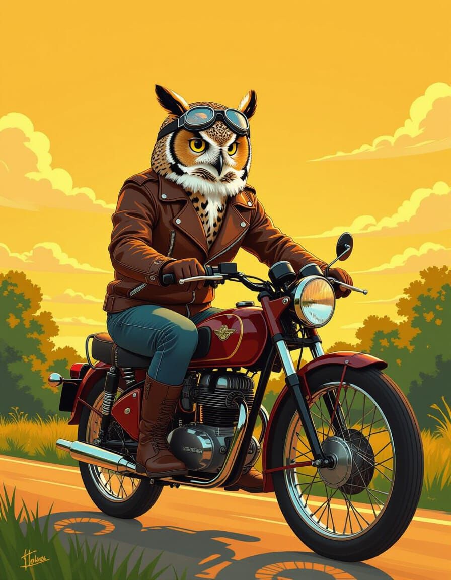 Owl Rides Bicycle in Bold Digital Art Style