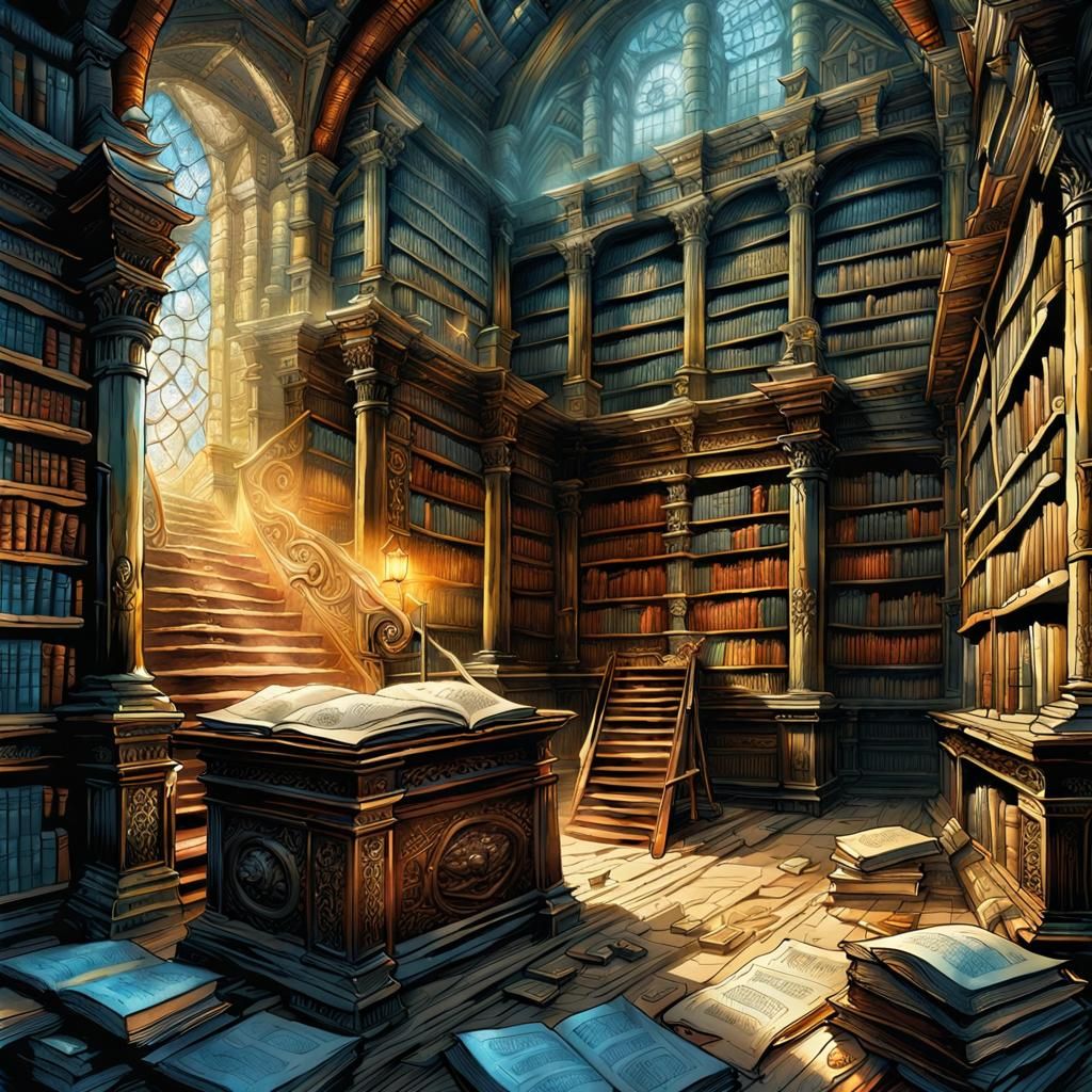 Dusty Ancient Library in Comic Book Style