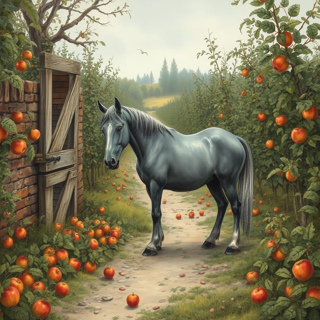 Percheron Horse in Overgrown Orchard, Whimsical Art