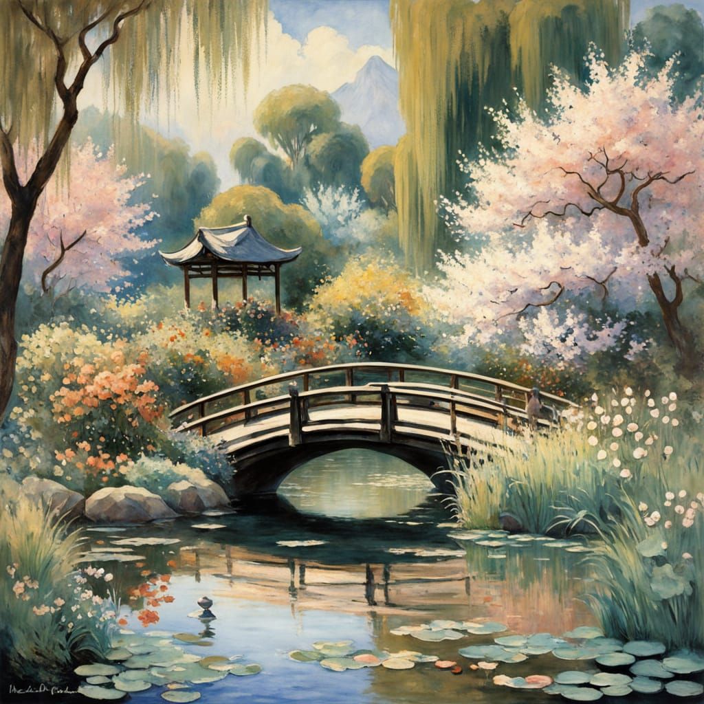Ethereal Japanese Garden Scene in Soft Watercolor Style