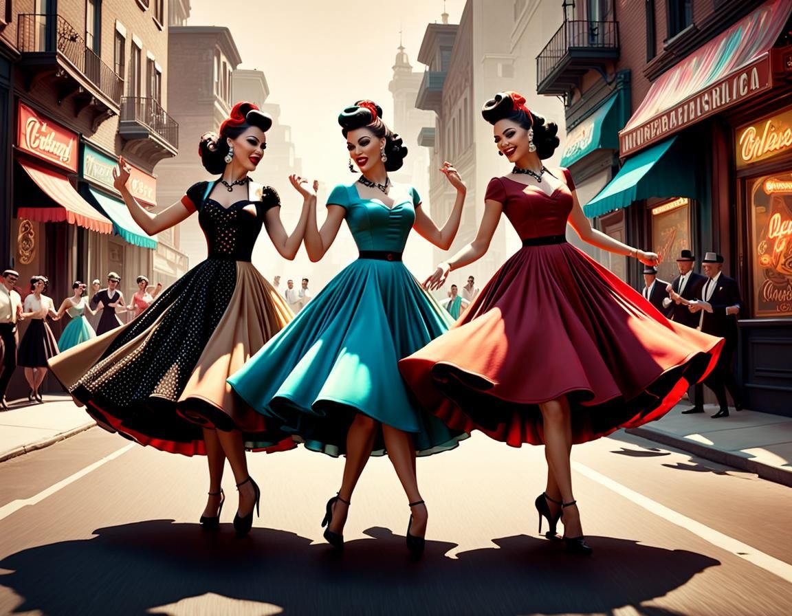 1960s Rockabilly Girls Dancing in Sepia