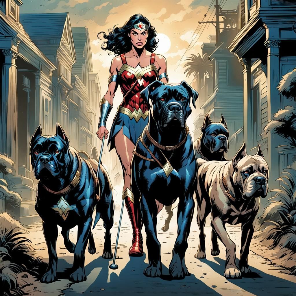 Wonder Woman and Cane Corsos: Comic Book Style