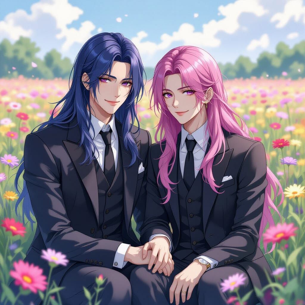 Gothic Romance: Men in Flower Field, Watercolor Ink Style