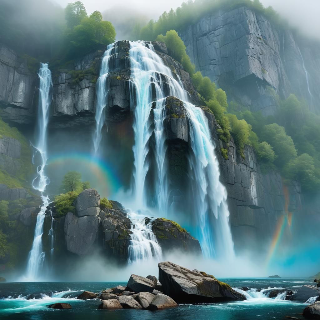 Majestic Waterfall in Nordic Fjord: Cinematic Still