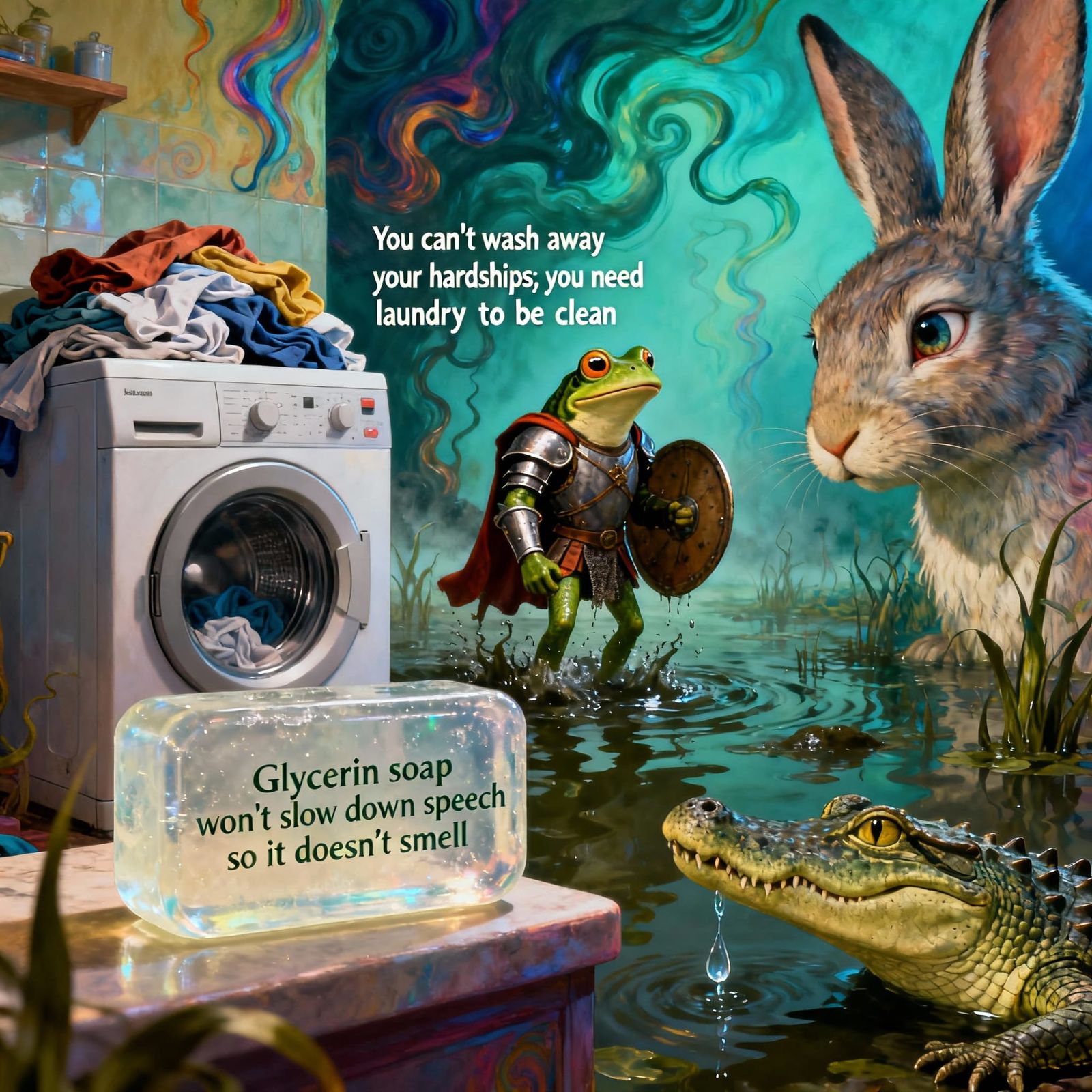 Surreal Frog Warrior and Rabbit Confront Crocodile