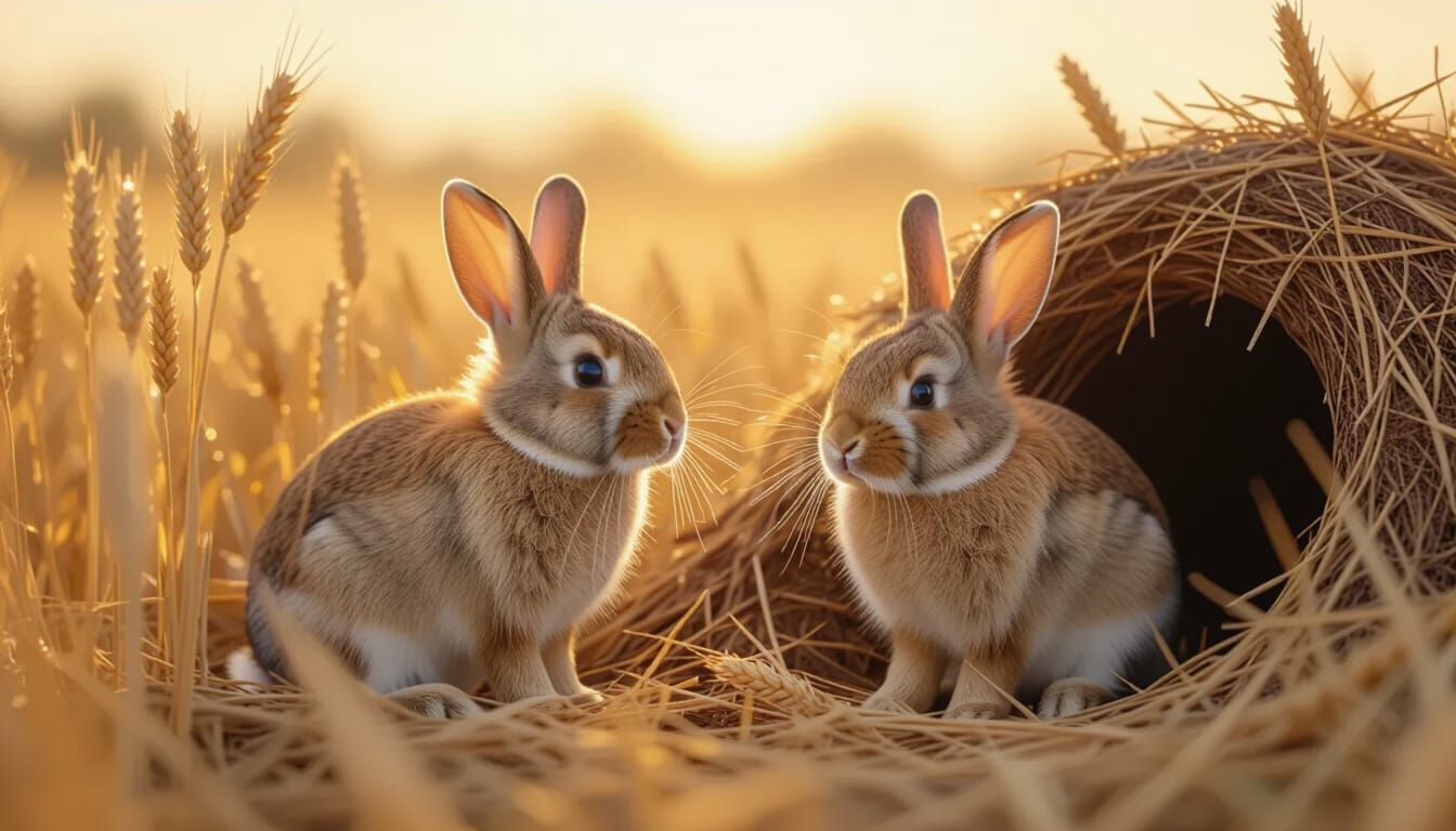 Rabbits Before Cozy Burrow in Golden Wheat Field