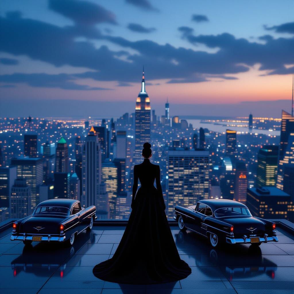 Fashion Figure Overlooking Art Deco City at Dusk