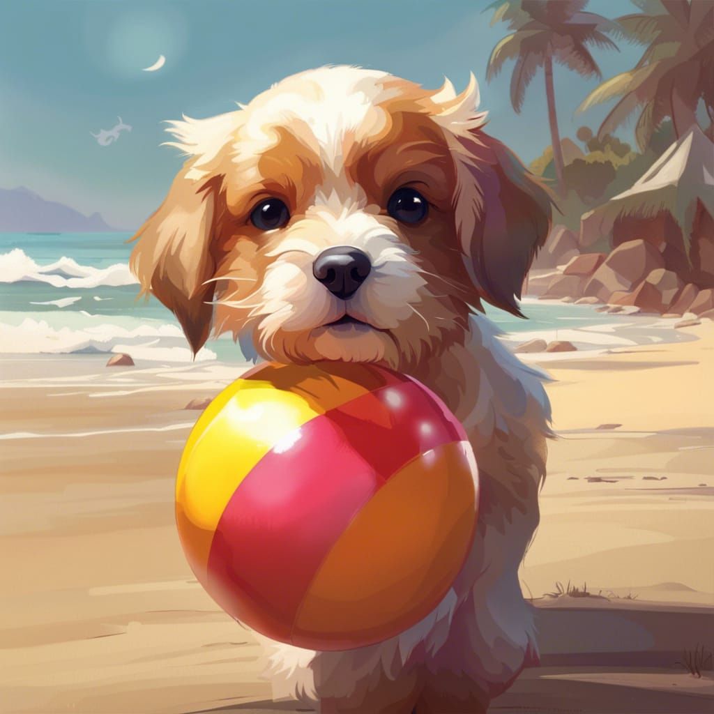 Puppy Plays with Beach Ball: Hyperdetailed Portrait