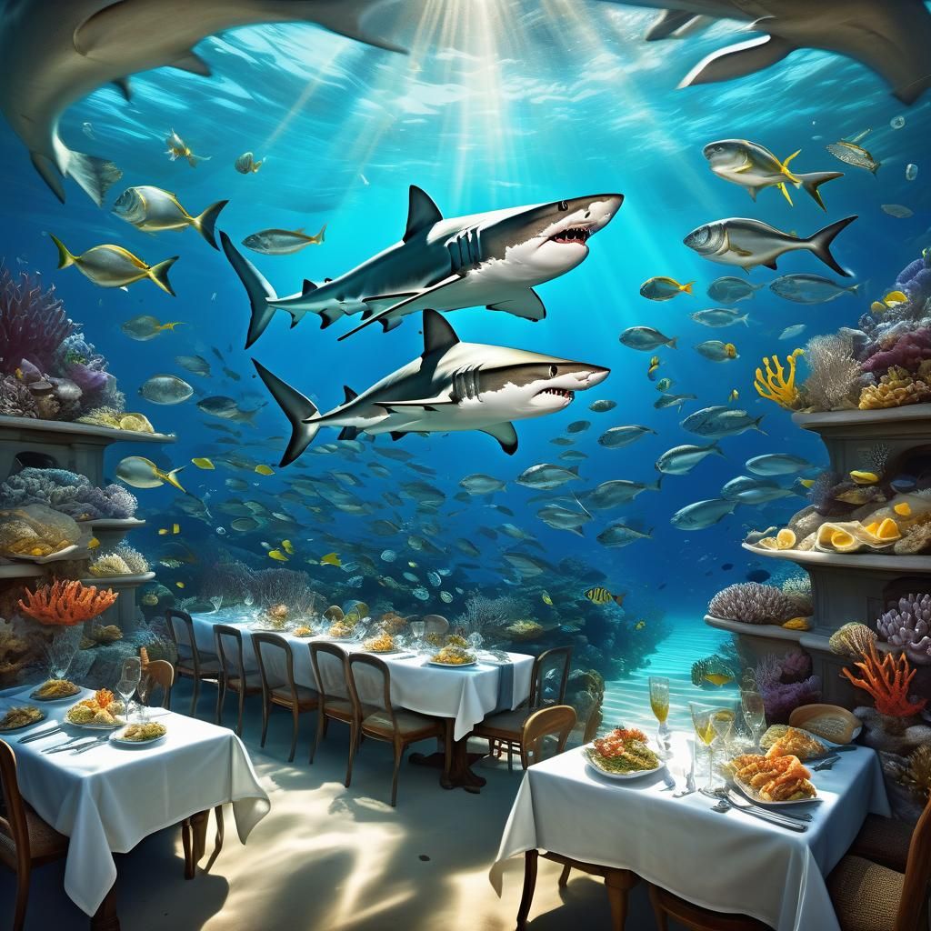 Shark Waiter Serves Fish: Hyperdetailed Storybook Illustrati...