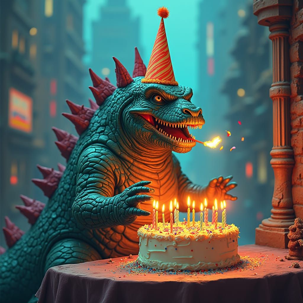 Godzilla Celebrates Birthday in Retro-Futuristic Cityscape