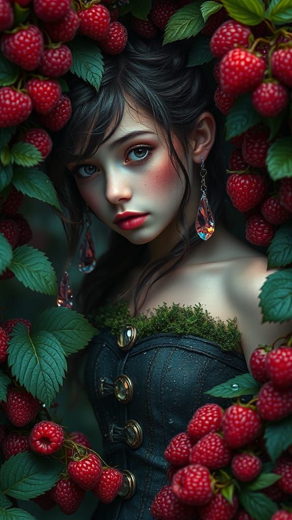 Melancholic Fairy Girl in Raspberry Bush: Fantasy Art