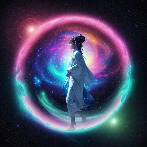 Japanese Girl in Cosmic Cherry Blossom Dreamscape