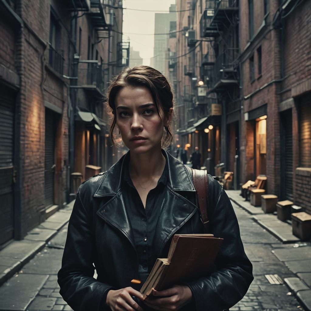 Neo-Noir Woman with Book in Dimly Lit Alley