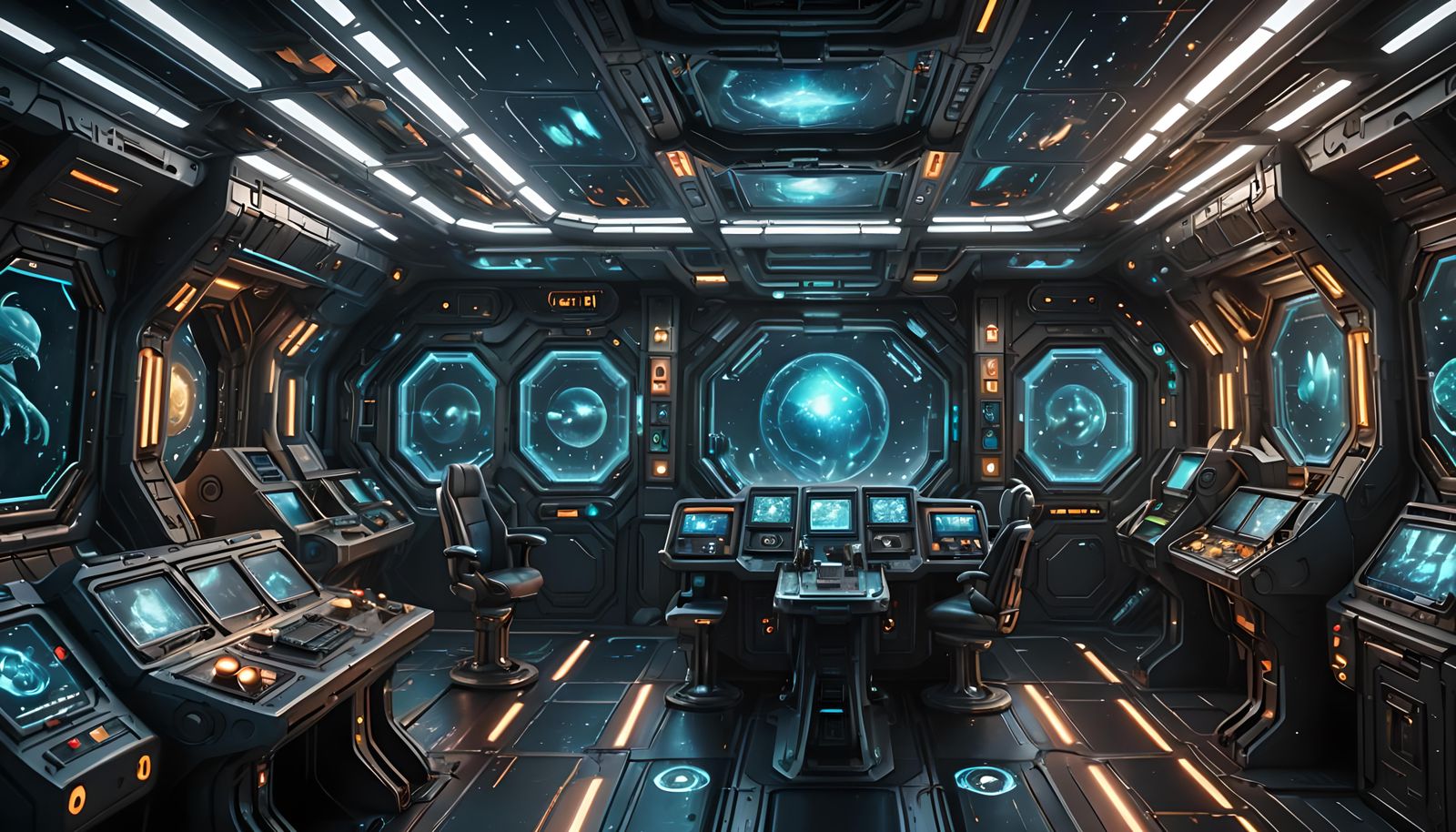 Aquatic Alien Holograms Aboard Spaceship: Detailed Matte Pai...