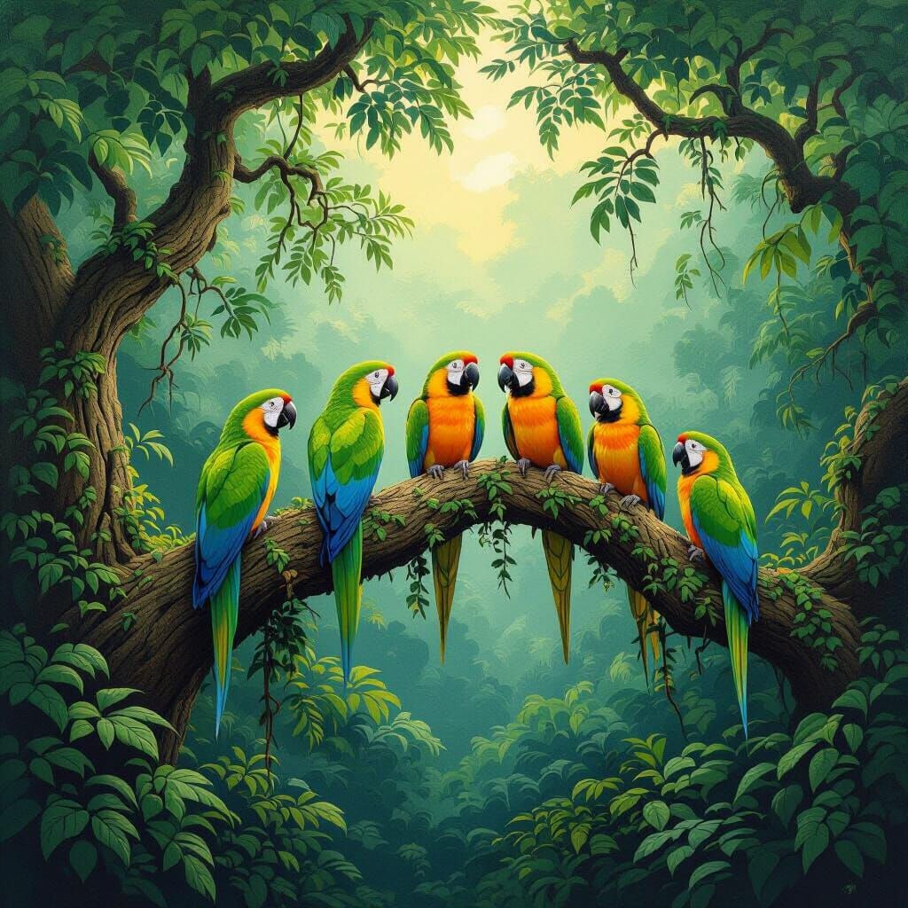 Vibrant Parrots in Deep Forest, Botanical Art