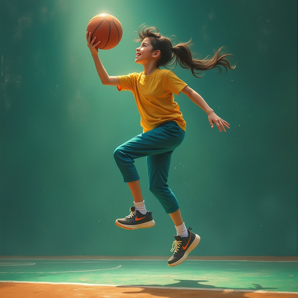 Hyperrealistic Boy Playing Basketball with Green Eyes