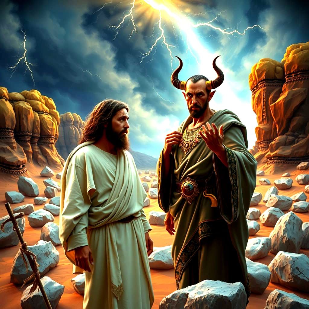 Jesus in a Majestic Desert Landscape, Beside the Tempting De...