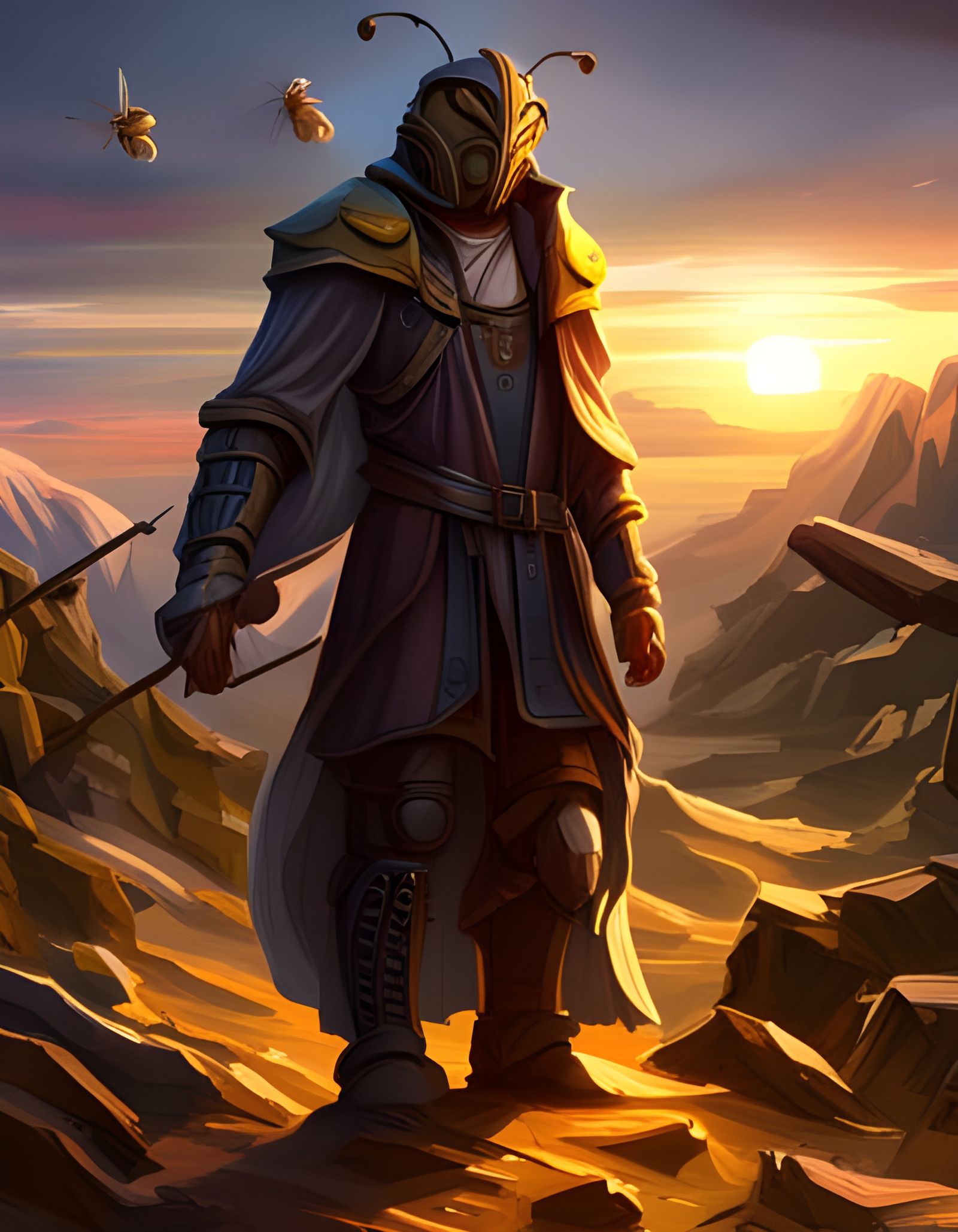 Bee Ranger in Dark Fantasy Style at Sunset