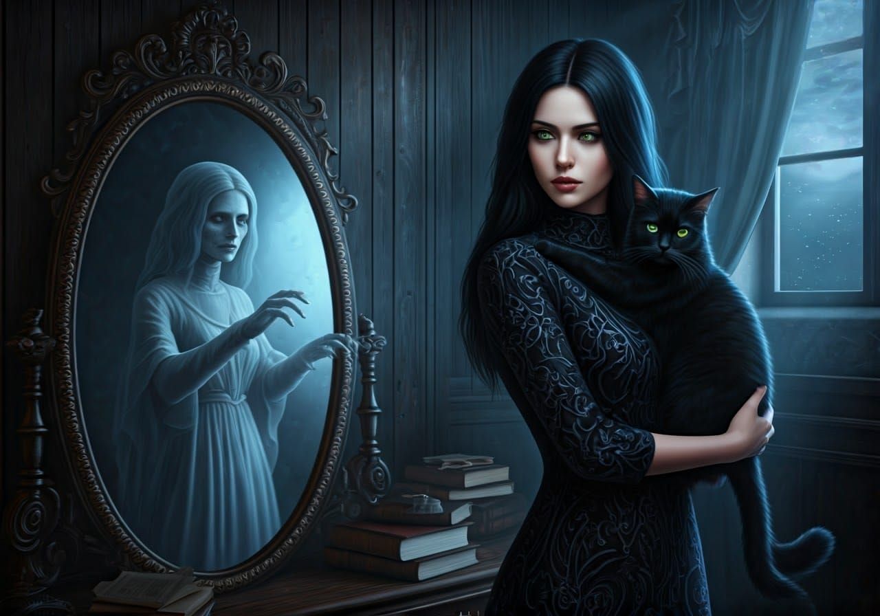 Ethereal Woman and Cat with Ghostly Reflection