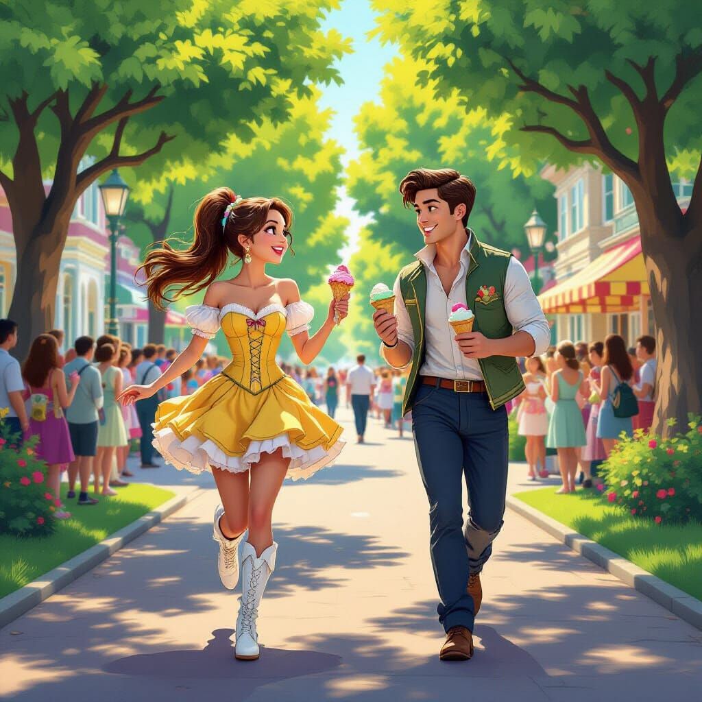 Girl Running in Disney Garden with Boyfriend and Ice Cream