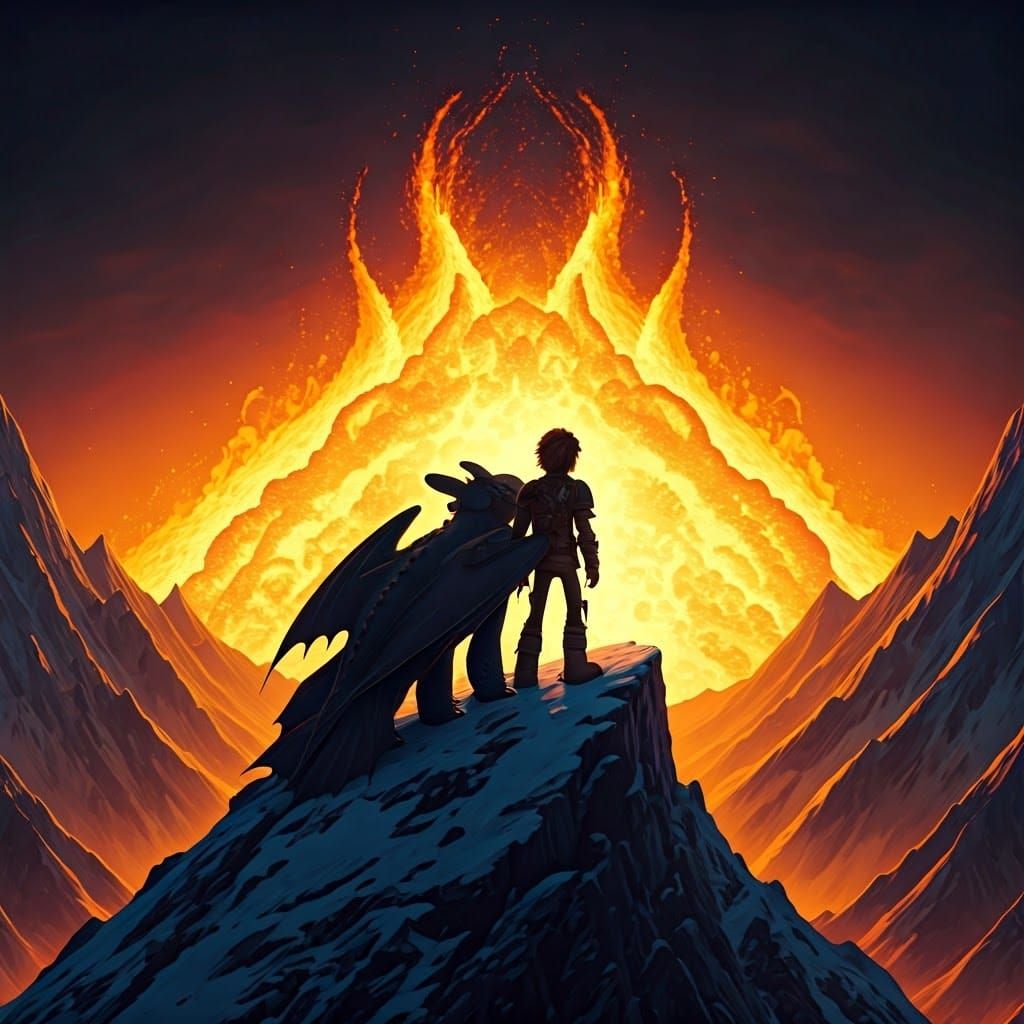 Viking and Dragon on Burning Mountain, Digital Art