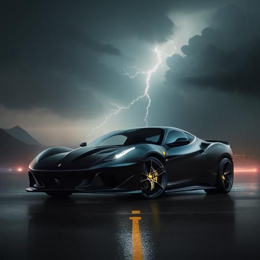 Black Panther on Ferrari in Lightning Storm, Cinematic Art