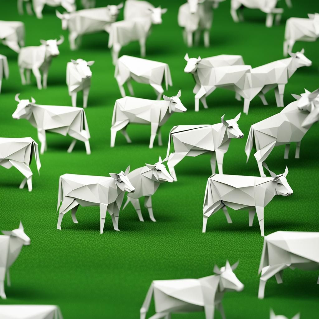 Origami Cows in Grassy Field Papercraft