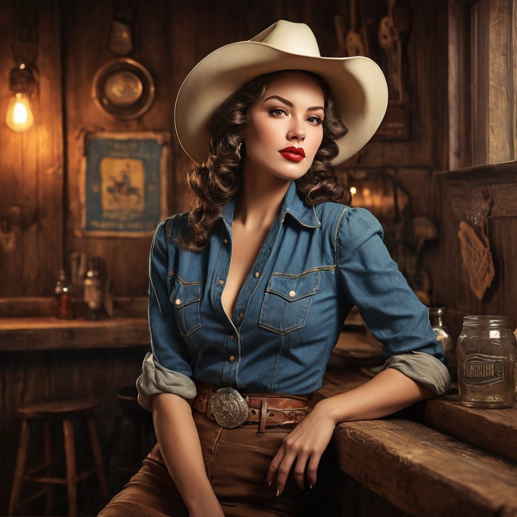 Sensual Lady in Cowboy Hat, Inspired by Vintage Pin-up Art