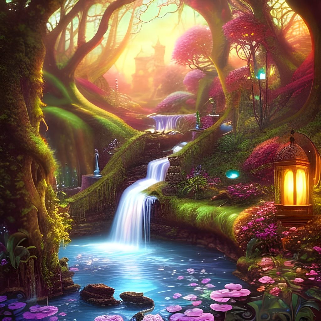 Enchanted Faerie Garden with Waterfalls in Ethereal Style