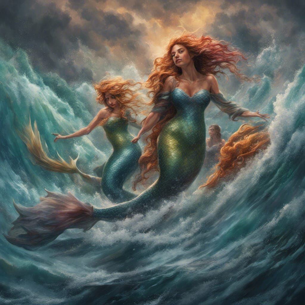 Hyperrealistic Mermaids in a Stormy Sea
