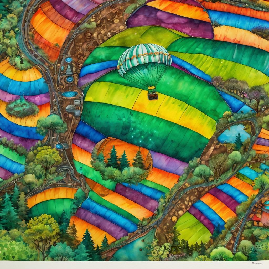 Steampunk Aerial View: Parachutist Over Lush Landscape