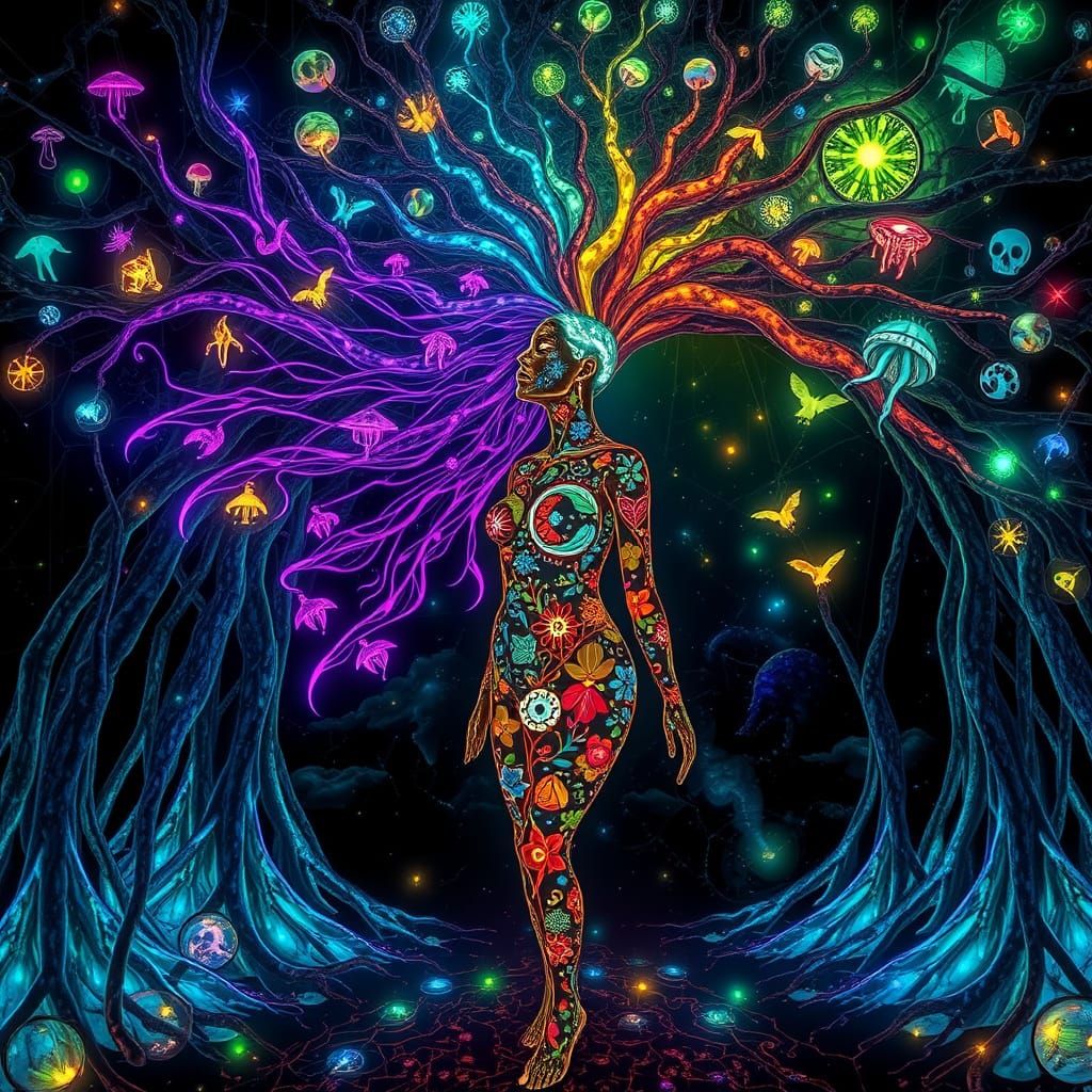 Bioluminescent Forest with Mirror Roots and Glowing Woman