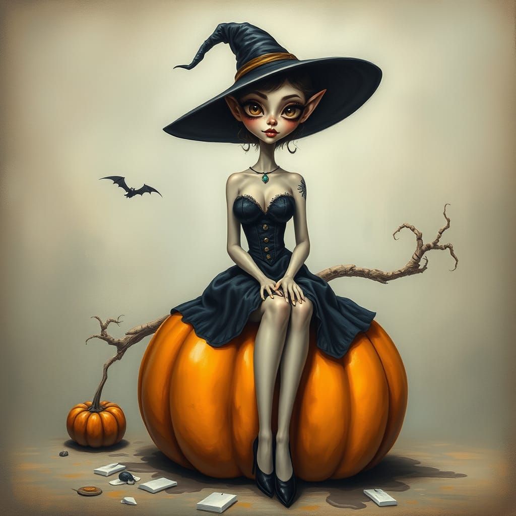 Surreal Pin-Up Witch on Giant Pumpkin Painting