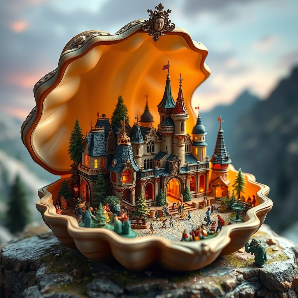 Miniature Royal Kingdom in Clamshell, Hyperrealistic