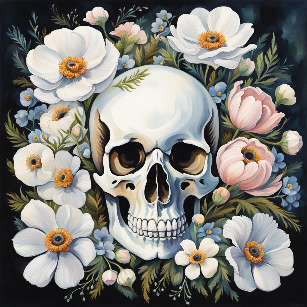 White Anemone Floral Skull in Gouache Style
