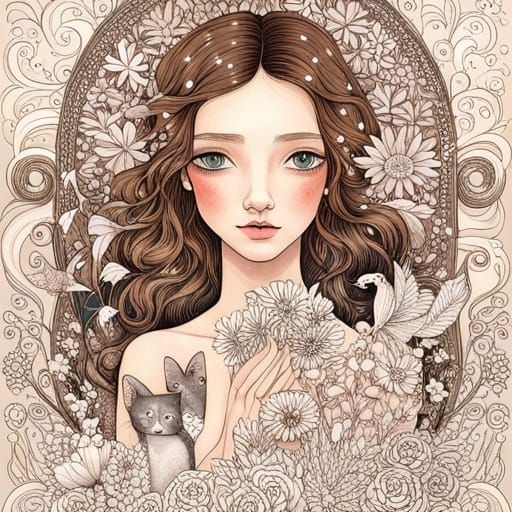 Fairytale Girl with Animals: Vector Line Art in Black and Wh...