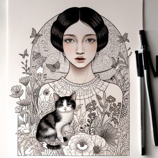 Girl with Animals: Fairytale Coloring Book Page