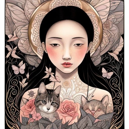 Girl with Animals in Black and White Vector Art