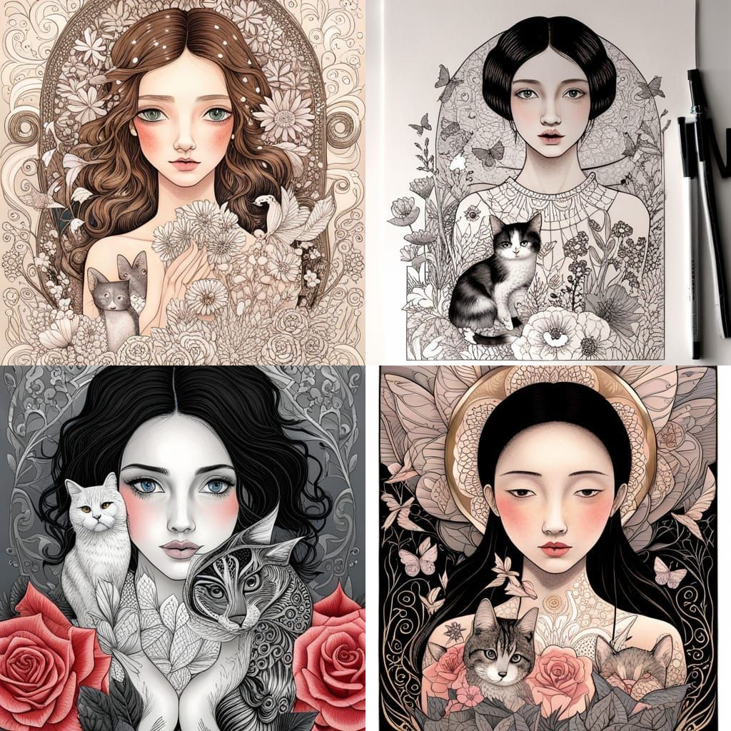 Fairytale Girl with Animals: Vector Line Art