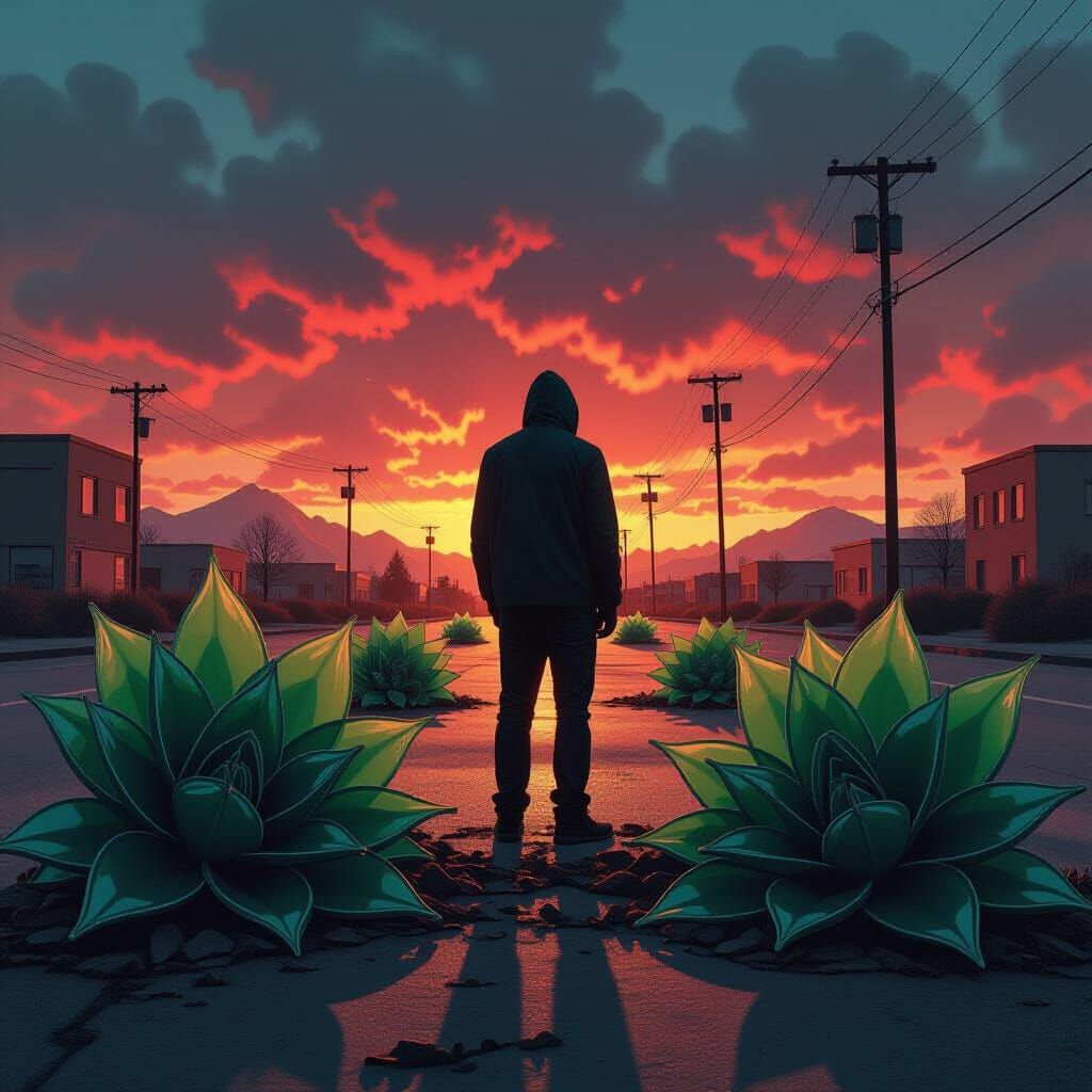 Surreal Venomous Landscape with Green Glass Leaves