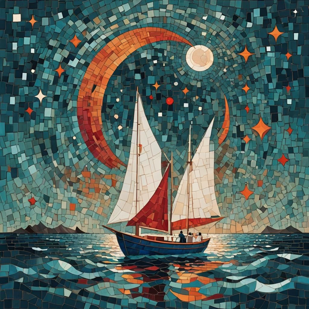 Stylized Sailboat Illustration Under Crescent Moon