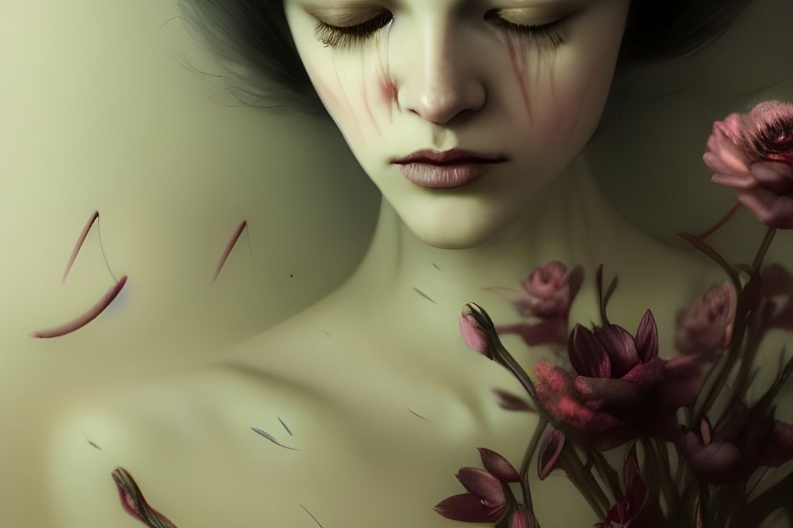 Sad Woman's Floral Metamorphosis: Macabre Concept Art