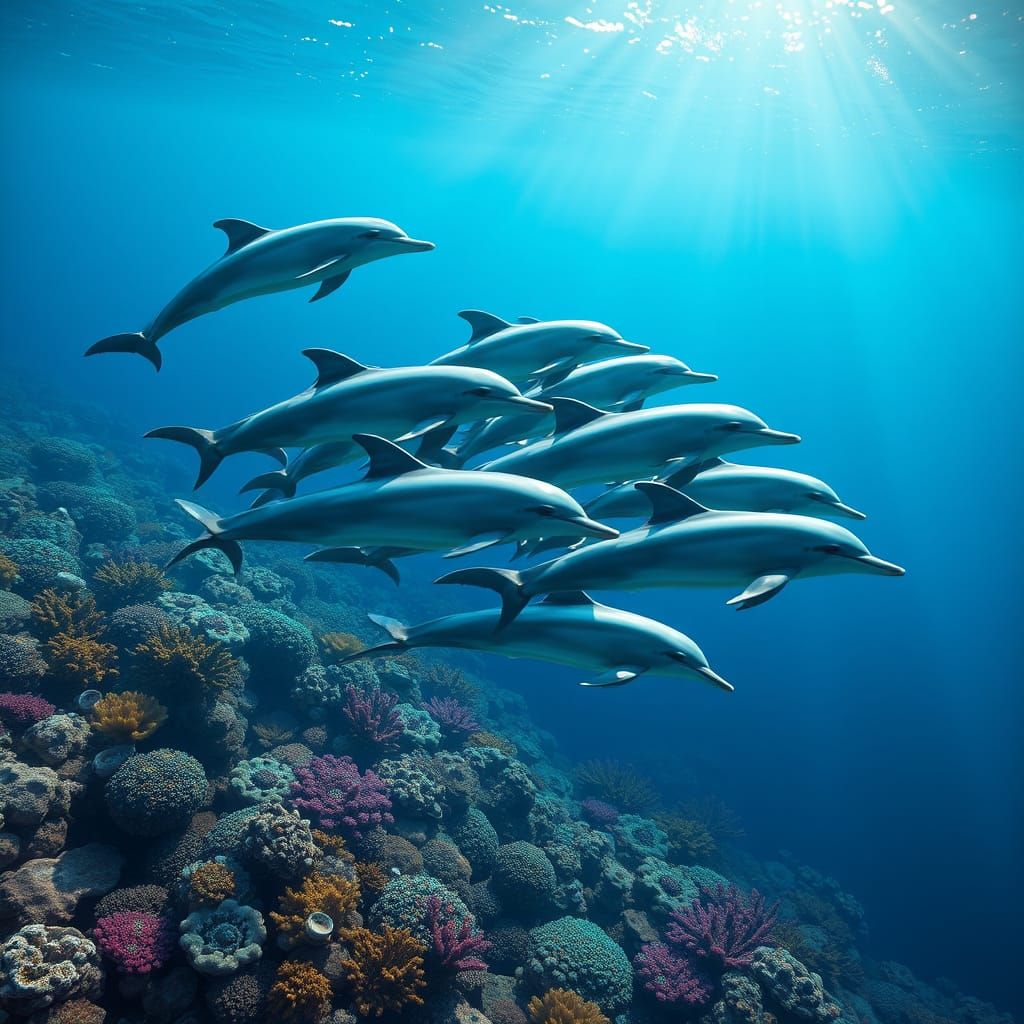Surreal Underwater Scene of Dolphins in Vibrant Coral Reef
