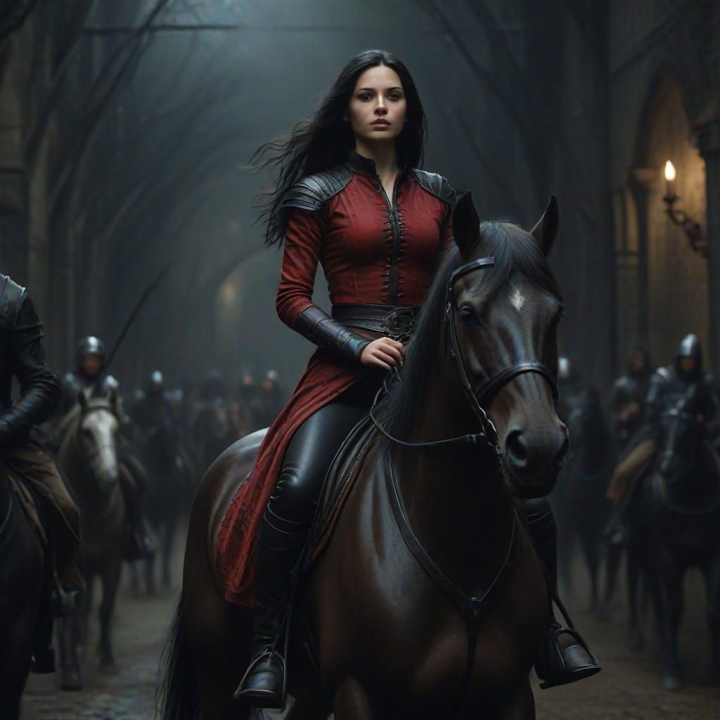 Medieval Rider in Red Leads Dark Fantasy Horseback Scene