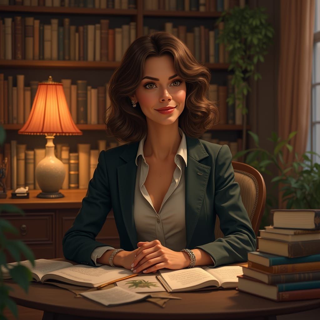 Elegant Woman in Magical Library, Art Nouveau Style