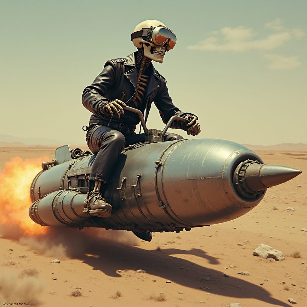Cyberpunk Skeleton Rides Rocket in Dystopian Landscape