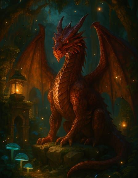 Majestic Red Dragon in Enchanted Forest Scene