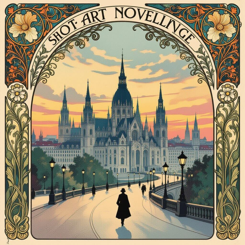 Art Nouveau Twilight Cityscape with Contemplative Figure