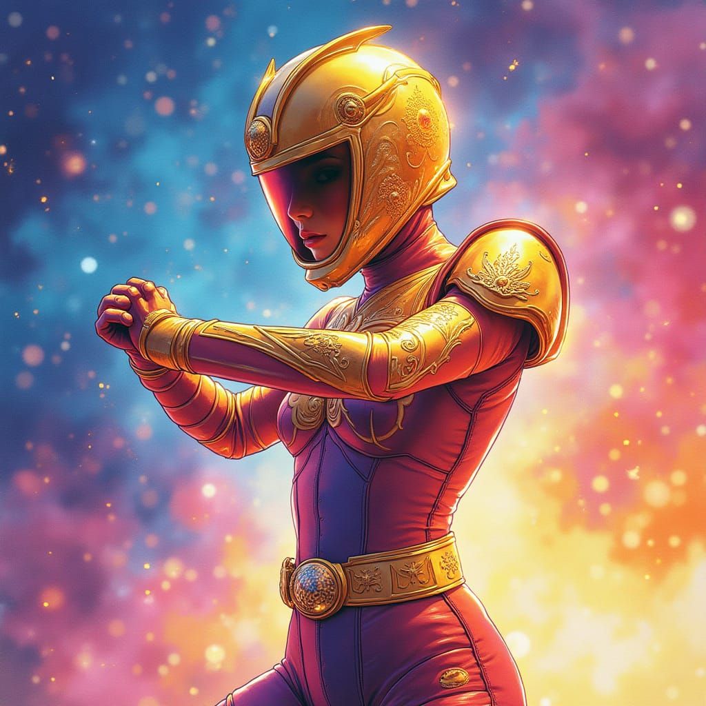 Ethereal Warrior Goddess in Vibrant Cosmic Landscape